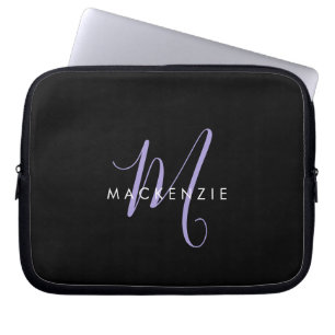 Elegant Modern Black Lavender Script Monogram Laptop Sleeve