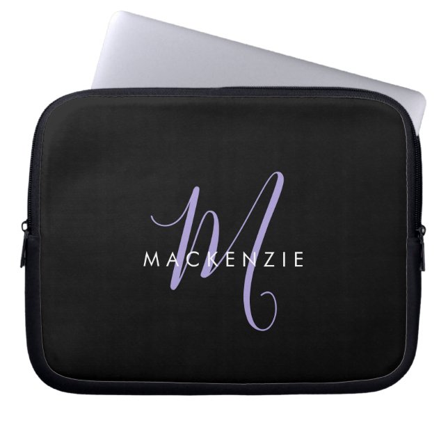 Elegant Modern Black Lavender Script Monogram Laptop Sleeve (Front)