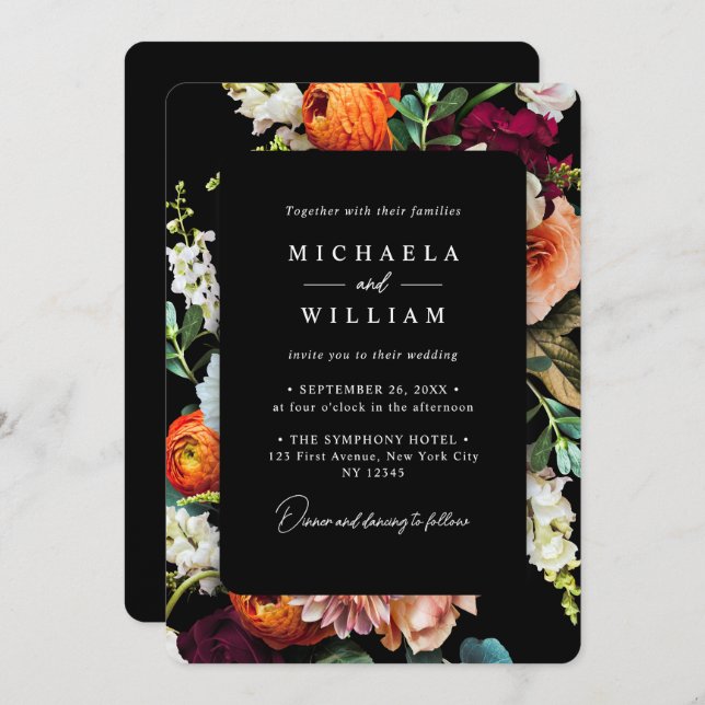 Elegant Modern Black Luxury Floral Wedding Invitation (Front/Back)