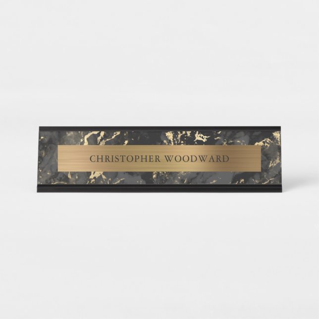 Elegant Modern Black Marble Brushed Gold Foil Desk Name Plate (Front)