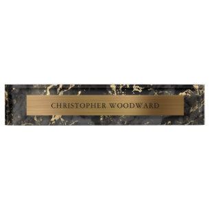Elegant Modern Black Marble Brushed Gold Foil Nameplate