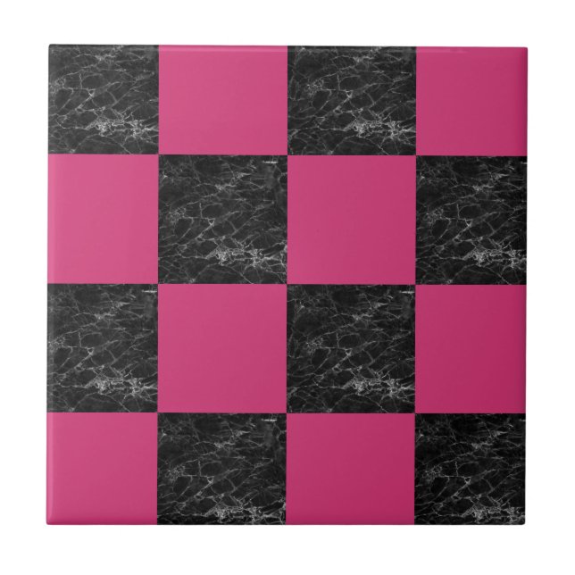 Elegant modern black marble hot pink chequered ceramic tile (Front)