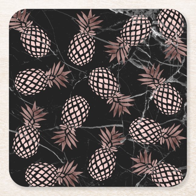 elegant modern black marble rose gold pineapple square paper coaster (Front)