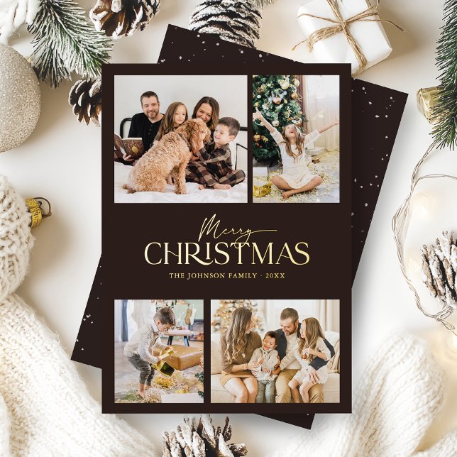 Elegant Modern Black Merry Christmas Photo Gold Foil Holiday Card (Elegant modern black and gold foil typography Christmas photo card for the modern family)