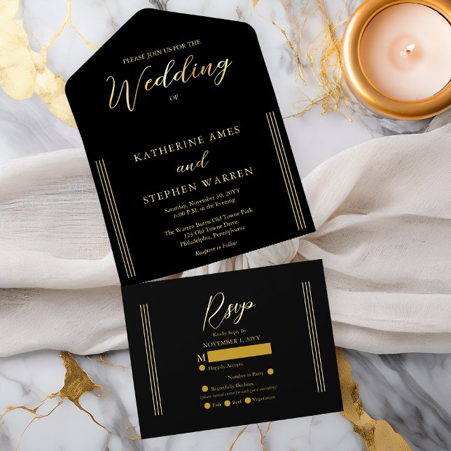 Elegant Modern Black Minimalist Wedding All In One Invitation (Elegant Modern Black Minimalist Wedding All in One Gold Foil (inside--See Description) Invitation)