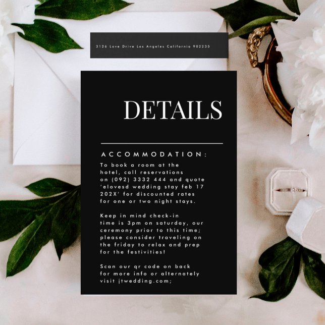 Elegant Modern Black Names Accommodation Details RSVP Card (DETAILS showcasing suite - additional items (bought separately))