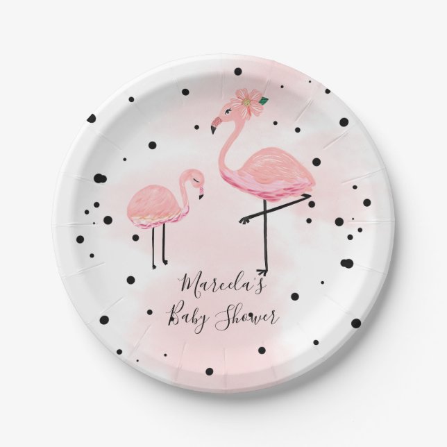 Elegant Modern Black & Pink Flamingo Baby Shower Paper Plate (Front)