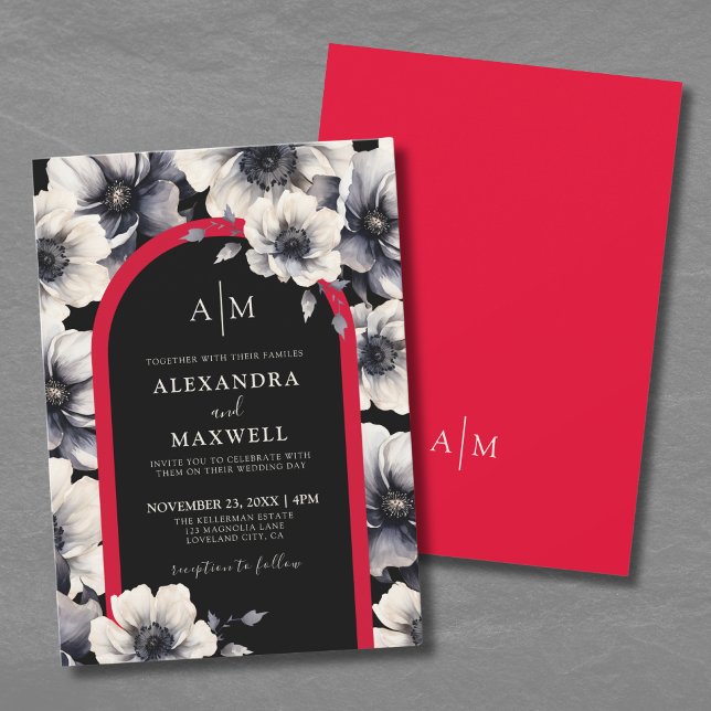 Elegant Modern Black Red Floral Wedding Invitation (Elegant Modern Black Red Floral Wedding Invitation)