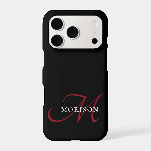 Elegant Modern Black Red Script Monogram (Back)