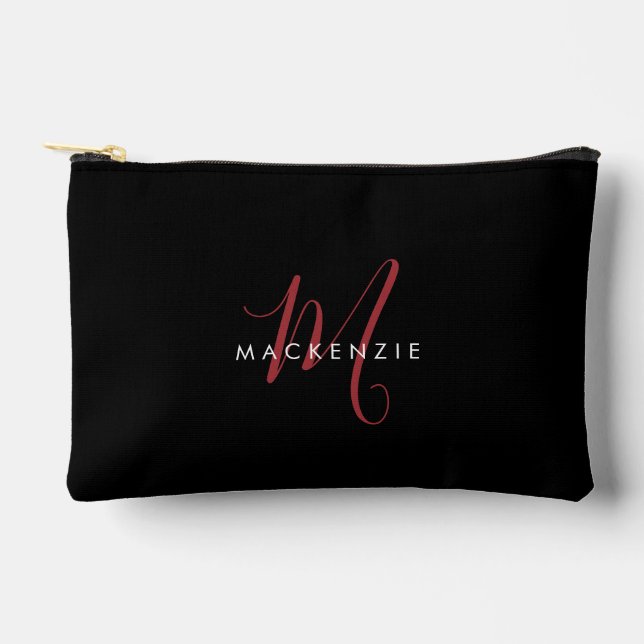 Elegant Modern Black Red Script Monogram Accessory Pouch (Front)