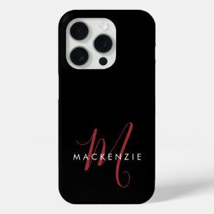 Elegant Modern Black Red Script Monogram iPhone 15 Pro Case