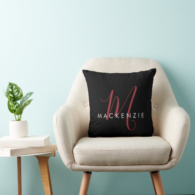 Elegant Modern Black Red Script Monogram Cushion (Chair)