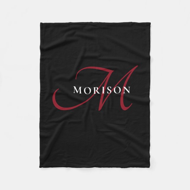 Elegant Modern Black Red Script Monogram Fleece Blanket (Front)