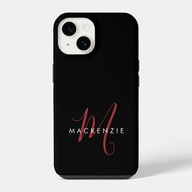 Elegant Modern Black Red Script Monogram iPhone Case (Back)