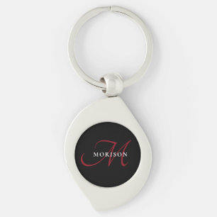 Elegant Modern Black Red Script Monogram Key Ring