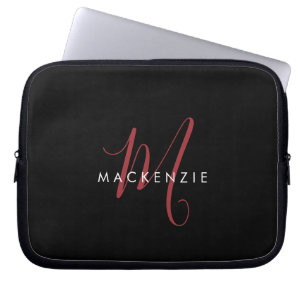 Elegant Modern Black Red Script Monogram Laptop Sleeve