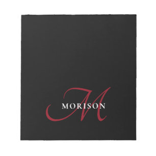Elegant Modern Black Red Script Monogram Notepad