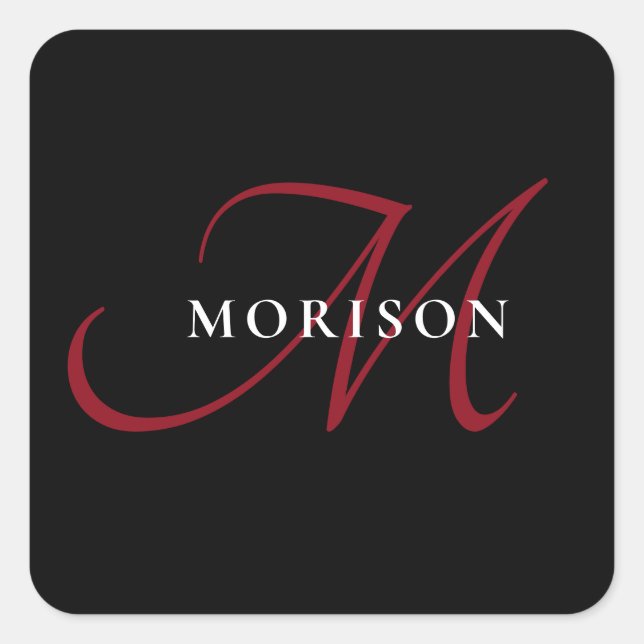 Elegant Modern Black Red Script Monogram Square Sticker (Front)