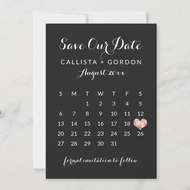Elegant Modern Black Rose Gold Heart Calendar Save The Date (Front)