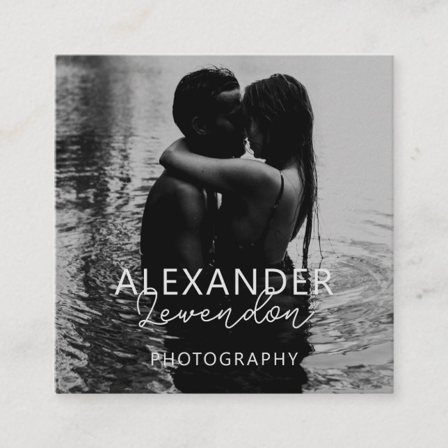 Elegant Modern Black Script Photo Minimal QR Code Square Business Card (Front)