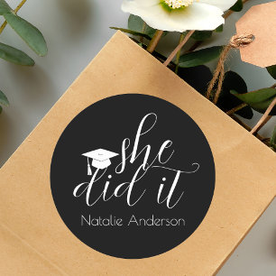 Elegant Modern Black She Did It Graduate Classic Round Sticker