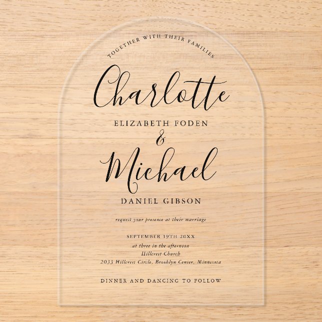 Elegant Modern Black Signature Script Arch Wedding Acrylic Invitations (Front)