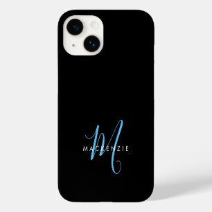 Elegant Modern Black Sky Blue Script Monogram Case-Mate iPhone 14 Case