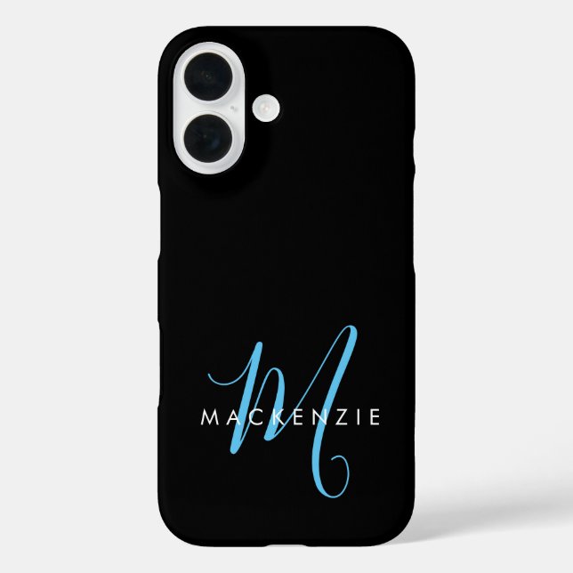 Elegant Modern Black Sky Blue Script Monogram Case-Mate iPhone Case (Back)