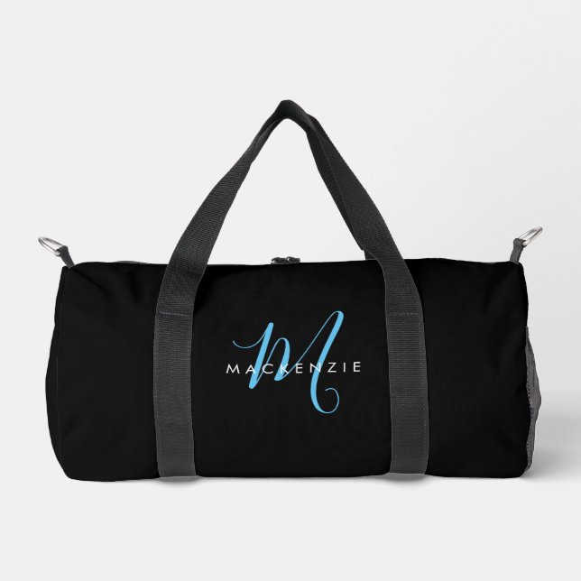Elegant Modern Black Sky Blue Script Monogram Duffle Bag (Front)
