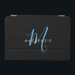 Elegant Modern Black Sky Blue Script Monogram iPad Mini Cover<br><div class="desc">Elegant Modern Black Sky Blue Script Monogram iPad Mini Cover.  An elegant sky blue script monogram combined with a clean white san-serif font makes for a contemporary look.</div>