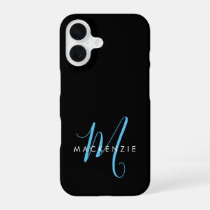 Elegant Modern Black Sky Blue Script Monogram iPhone 16 Case