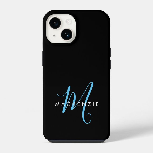 Elegant Modern Black Sky Blue Script Monogram iPhone Case (Back)