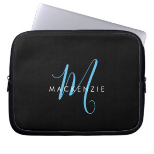 Elegant Modern Black Sky Blue Script Monogram Laptop Sleeve