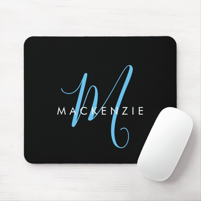 Elegant Modern Black Sky Blue Script Monogram Mouse Pad (With Mouse)