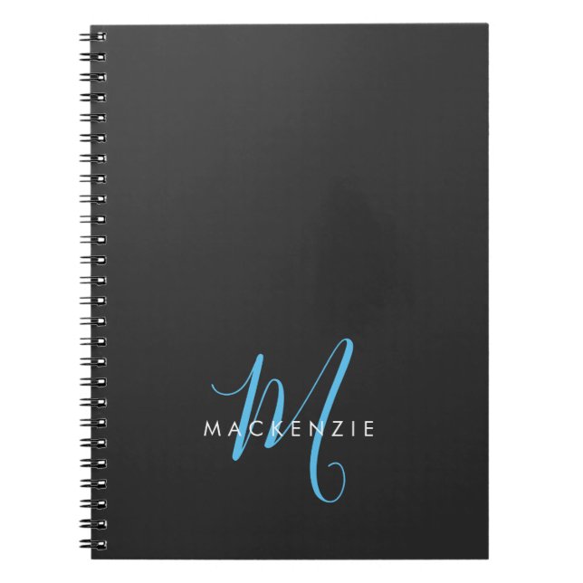 Elegant Modern Black Sky Blue Script Monogram Notebook (Front)