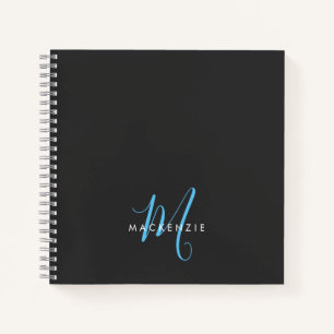 Elegant Modern Black Sky Blue Script Monogram Notebook