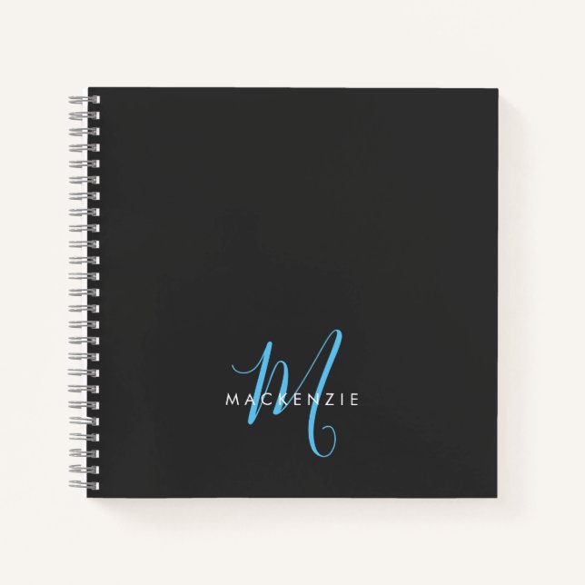 Elegant Modern Black Sky Blue Script Monogram Notebook (Front)
