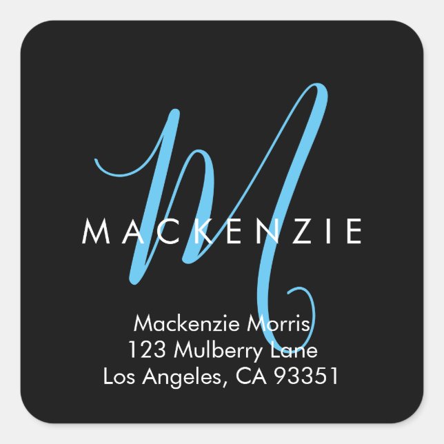 Elegant Modern Black Sky Blue Script Monogram Square Sticker (Front)