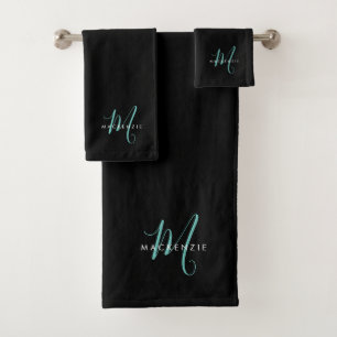 Elegant Modern Black Teal Script Monogram Bath Towel Set