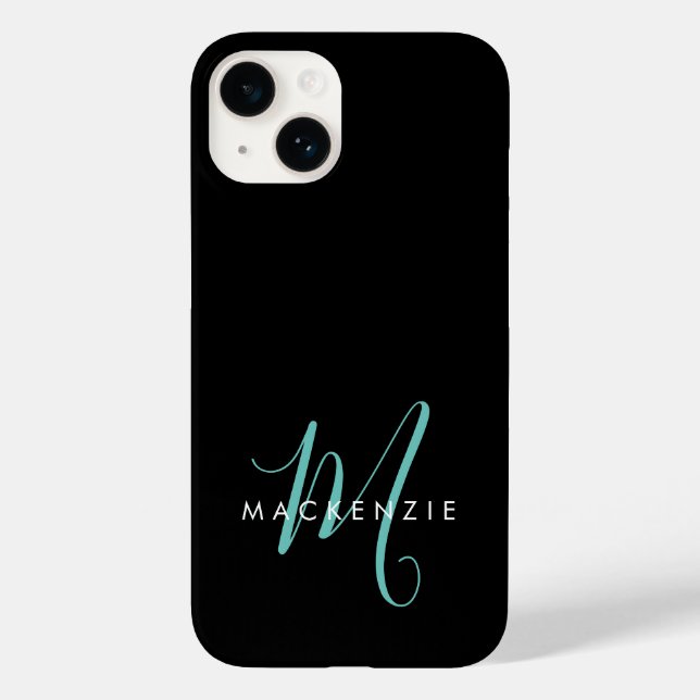 Elegant Modern Black Teal Script Monogram Case-Mate iPhone Case (Back)