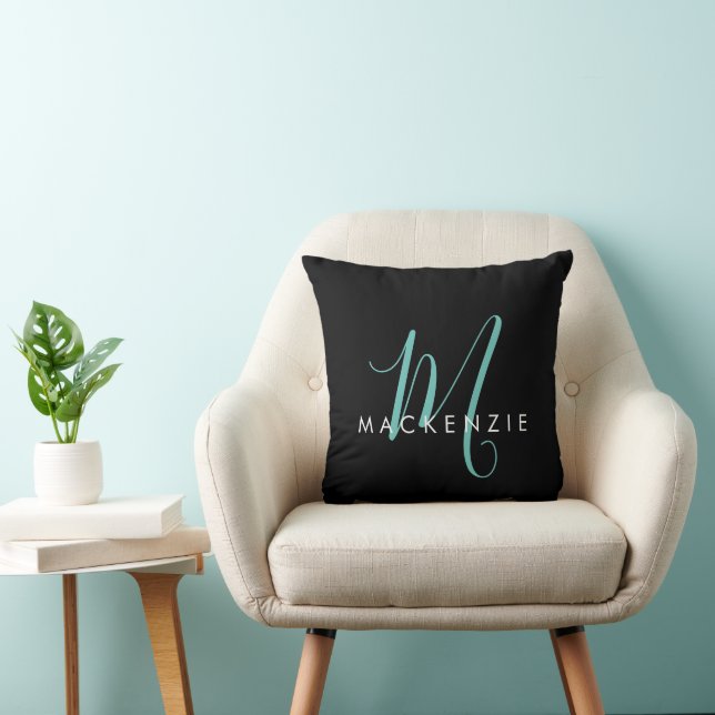 Elegant Modern Black Teal Script Monogram Cushion (Chair)