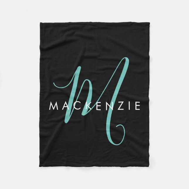 Elegant Modern Black Teal Script Monogram Fleece Blanket (Front)