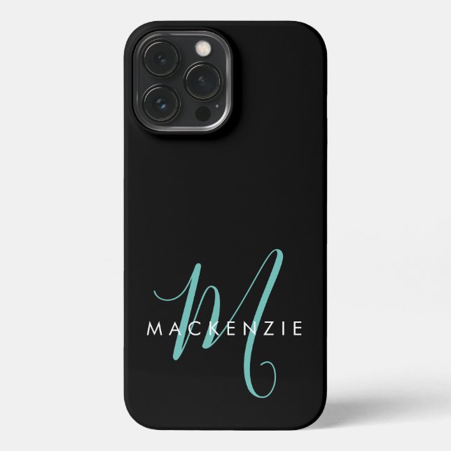 Elegant Modern Black Teal Script Monogram iPhone Case (Back)