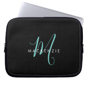Elegant Modern Black Teal Script Monogram Laptop Sleeve