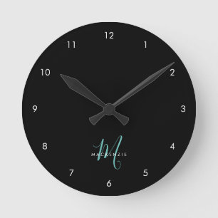 Elegant Modern Black Teal Script Monogram Round Clock