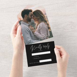 Elegant modern black wedding photo with RSVP All In One Invitation