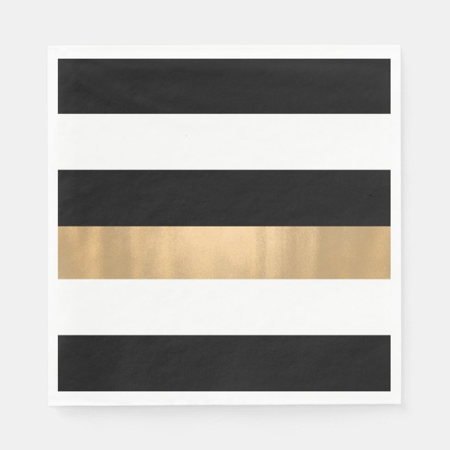 Elegant Modern Black, White and Gold Striped Napkin (Front)