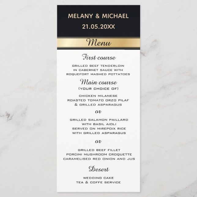 Elegant modern black  white and gold wedding menu (Front)
