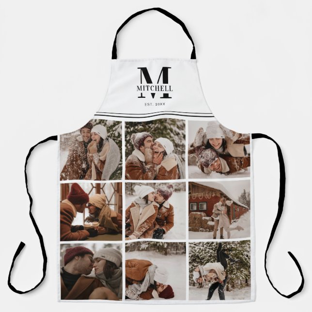 Elegant Modern Black White Family Photo Collage Apron (Front)