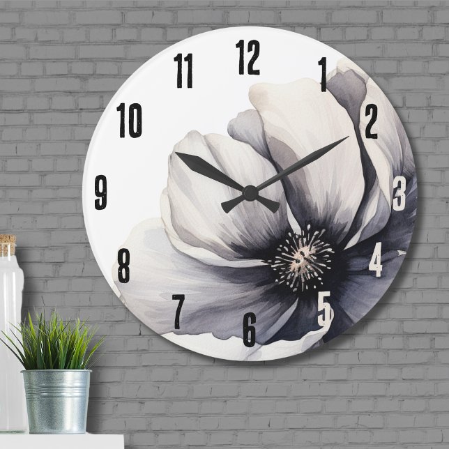 Elegant Modern Black White Floral Large Clock (Flower Modern Minimalist Boho Black White Floral Large Clock)